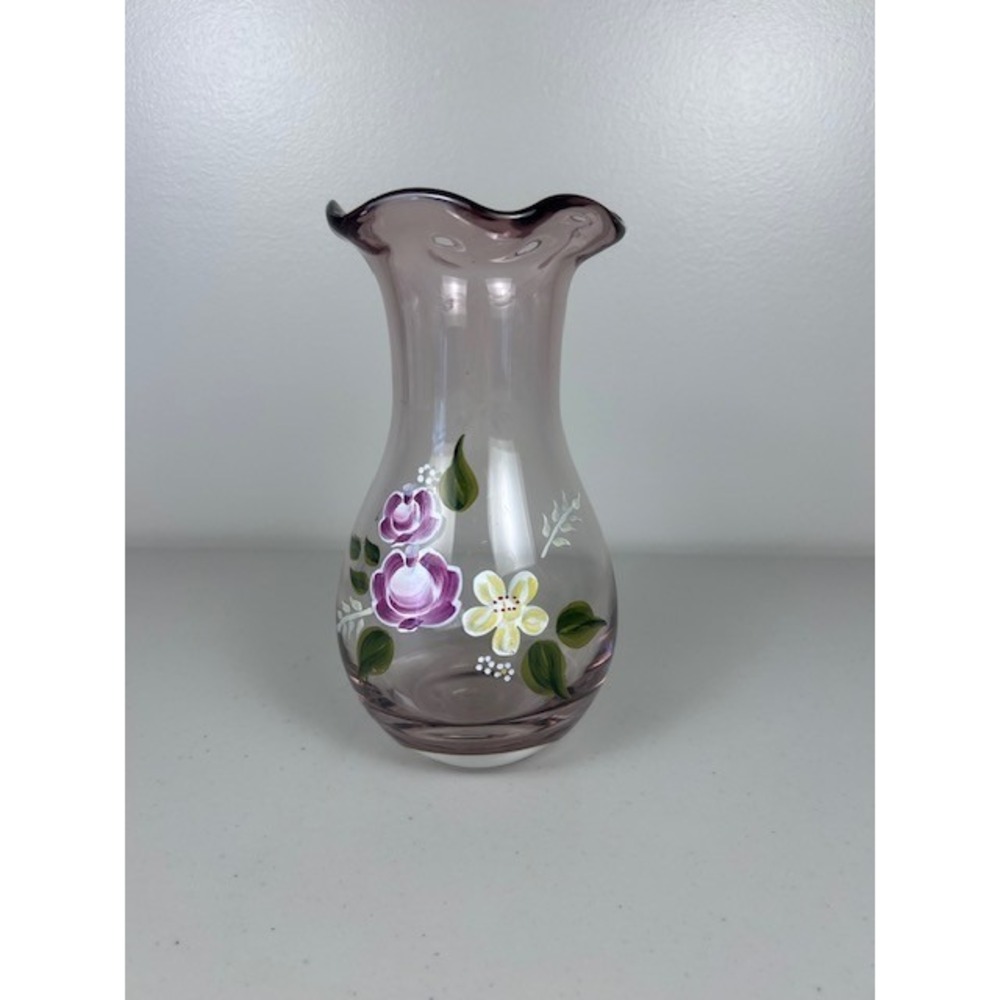 Vintage Fenton for Teleflora‎ Hand Painted Amethyst Glass Floral Vase 8 Inch